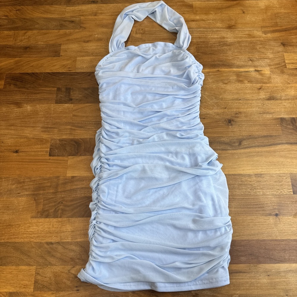 Y2K Midi Mini Halter Dress Womens S Silk Lined Blue Fairy Mermaid VTG A00026